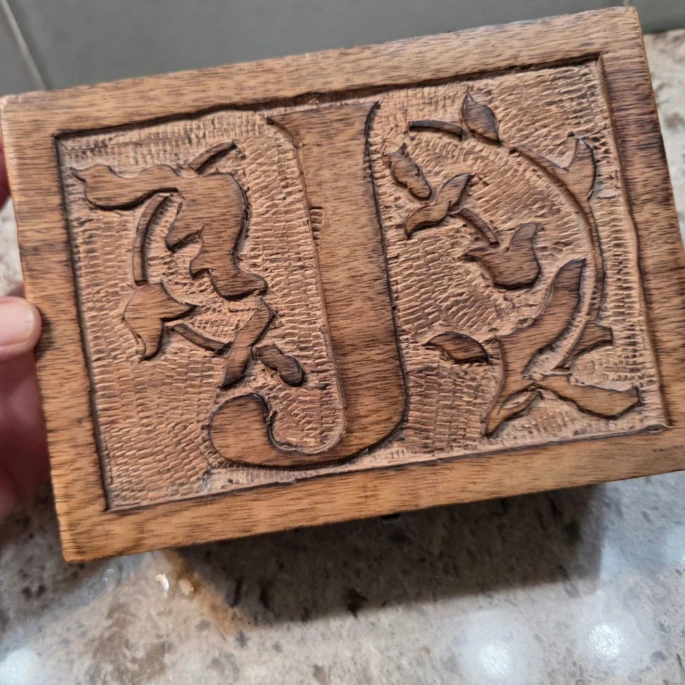 Hand Carved Wooden Initial J Keepsake Jewelry Box Floral Vine Relief Storage